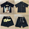 Mixed Emotion Letter Print Beaded Knitted Short-Sleeved Shirt and Casual Shorts