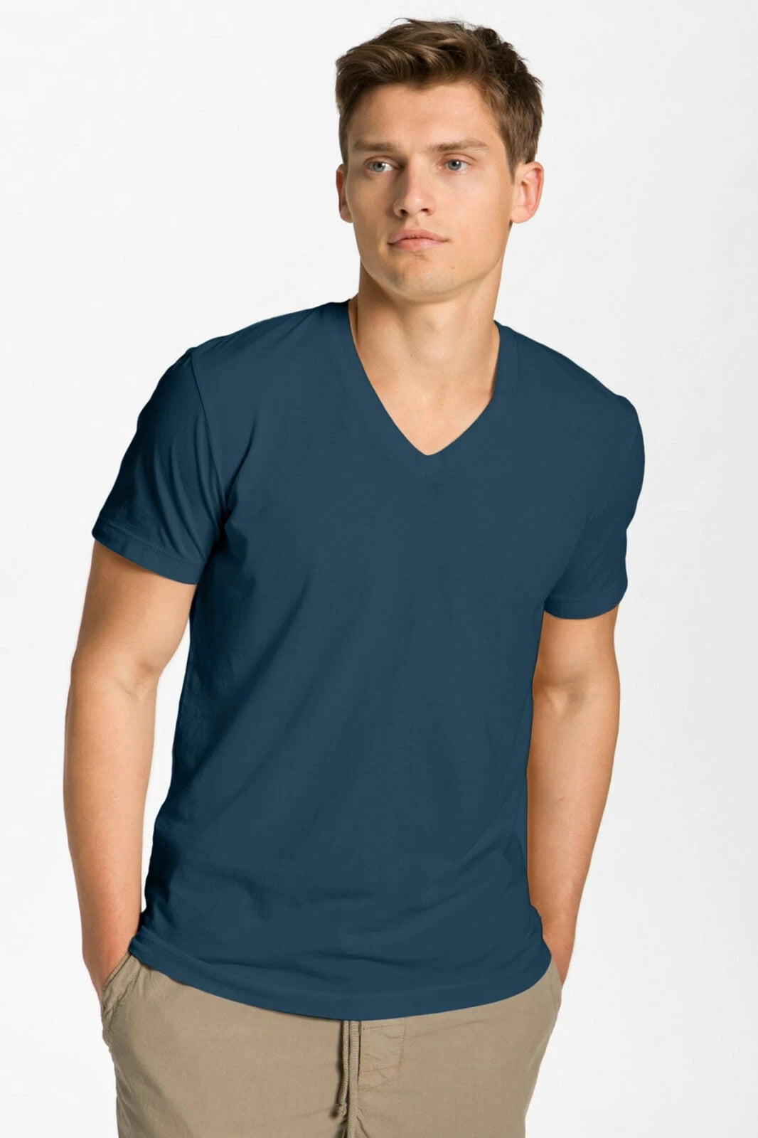 James Perse Mens Relaxed Fit S/S V-Neck Cotton T shirt blue Pigment Wash MLJ3352