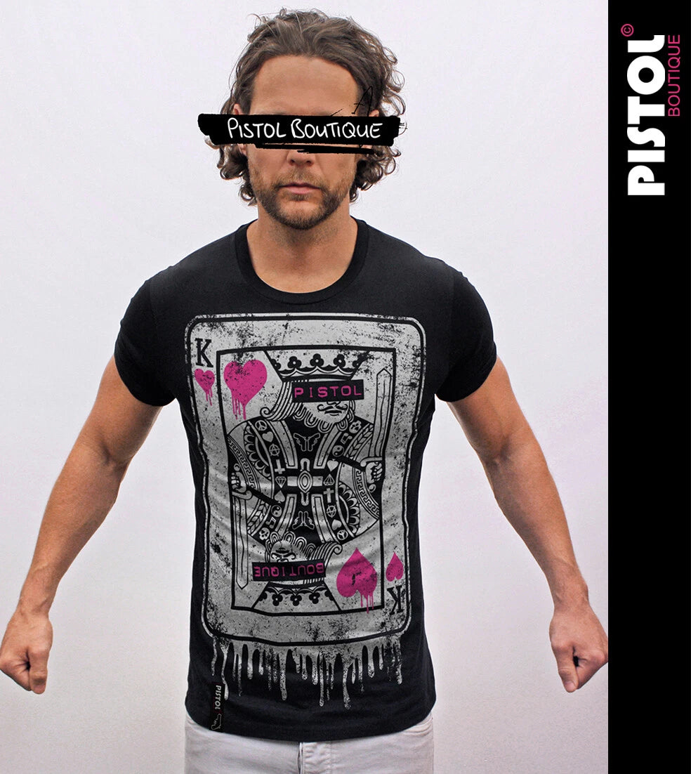 Pistol Boutique Herren Slim Fit Schwarzes Rundhals T-Shirt KING OF HEARTS
