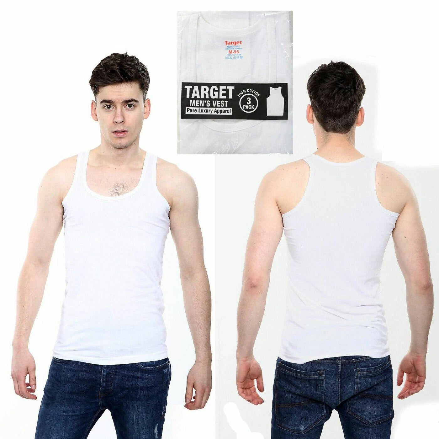 MENS WHITE VEST | 3 PLAIN VESTS | 100% COTTON VESTS S M L