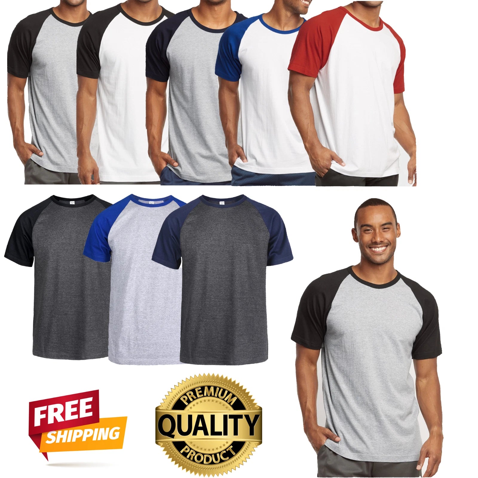 Raglan Baseball Tee-Shirt Premium Cotton Jersey Short Sleeve Men's New Two Tone