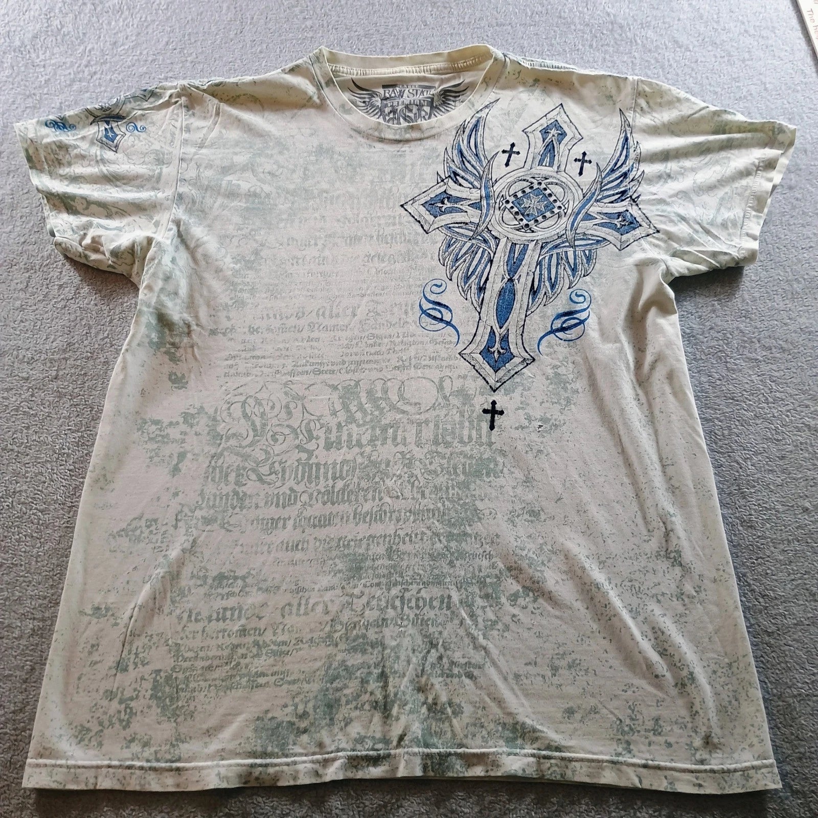 Raw State Men T-Shirt Redemption Winged Cross White Blue Large Distressed Y2K