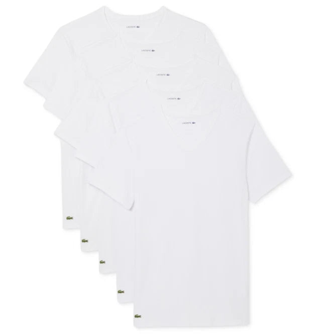 Lacoste V-Neck Shirt Mens LARGE White 5 Pack 100% Cotton Tee Logo Slim Fit NEW