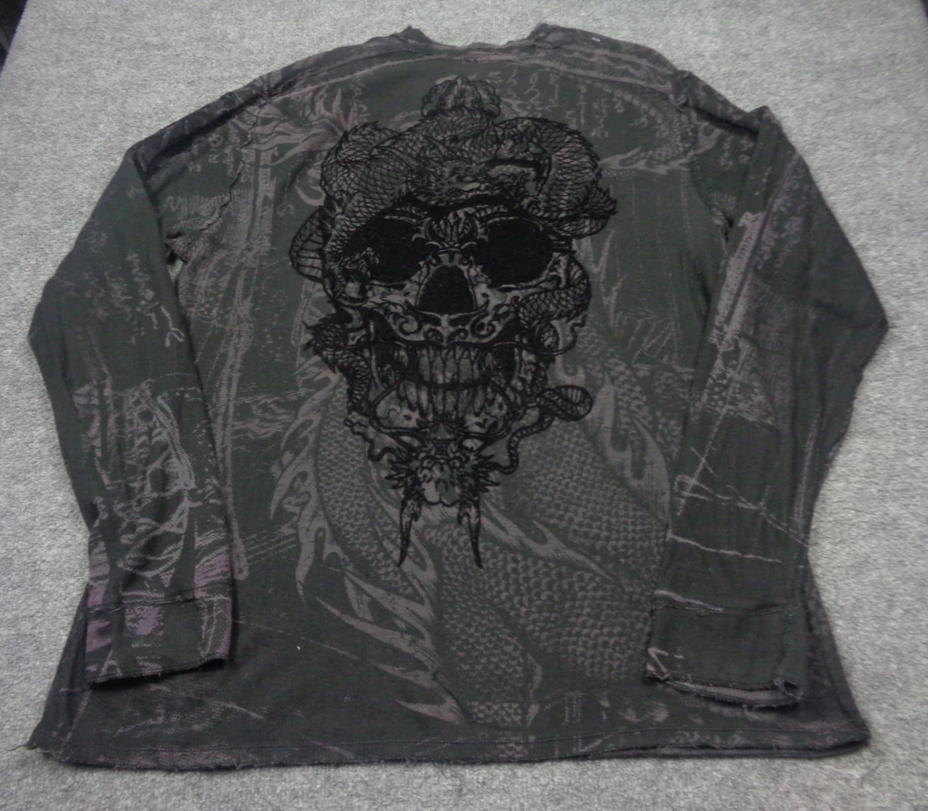Affliction Thermal Shirt Men XL Gray  Long Sleeve Skull Snake Distressed