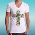 T-shirt Man V Neck " Cross Military Camouflage " Gift Idea Road To Happiness