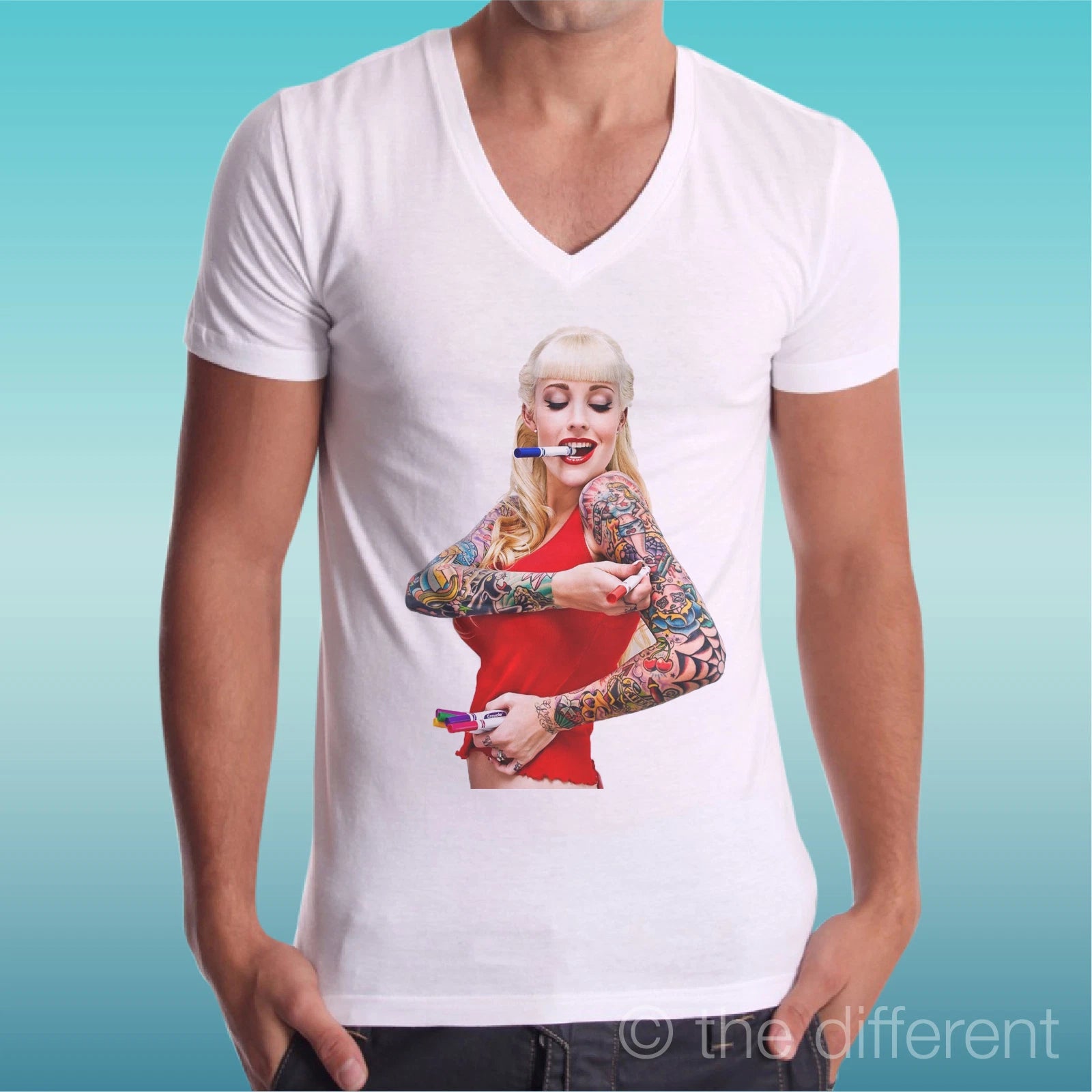 T-shirt White V Neck Jersey Sexy Tattoo Girl Red Girl Bandana, Gift Idea