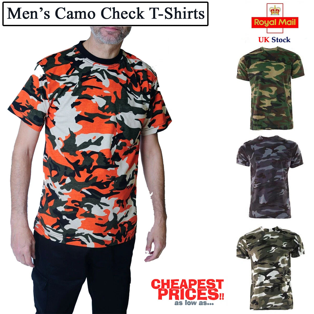 Men's Camo Check T Shirt Camouflage Top Army / Military / Hunting / Fishing UK