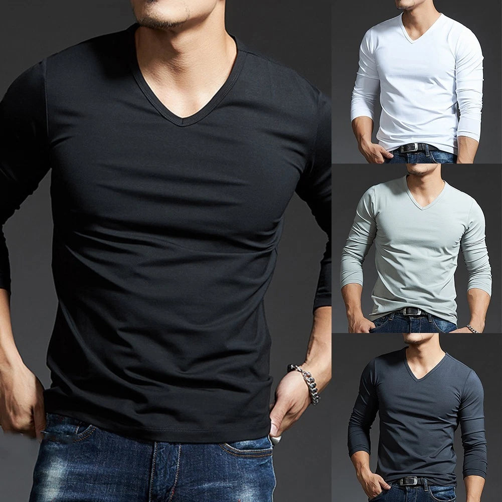 Stylish Men's Long Sleeves Muscle Tee V Neck Slim Fit Blouse for Activewear