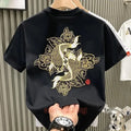 Men's Luxury Koi Fish Embroidered Cotton T-Shirt Casual Short Sleeve Slim Fit Te