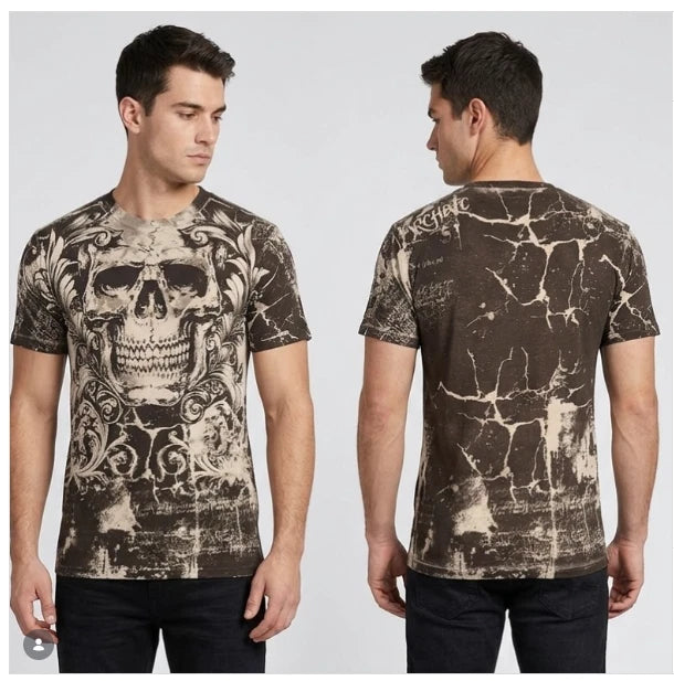 ARCHAIC by AFFLICTION Brown KILROY Short Sleeve Slim Fit Y2K T-shirt NWT