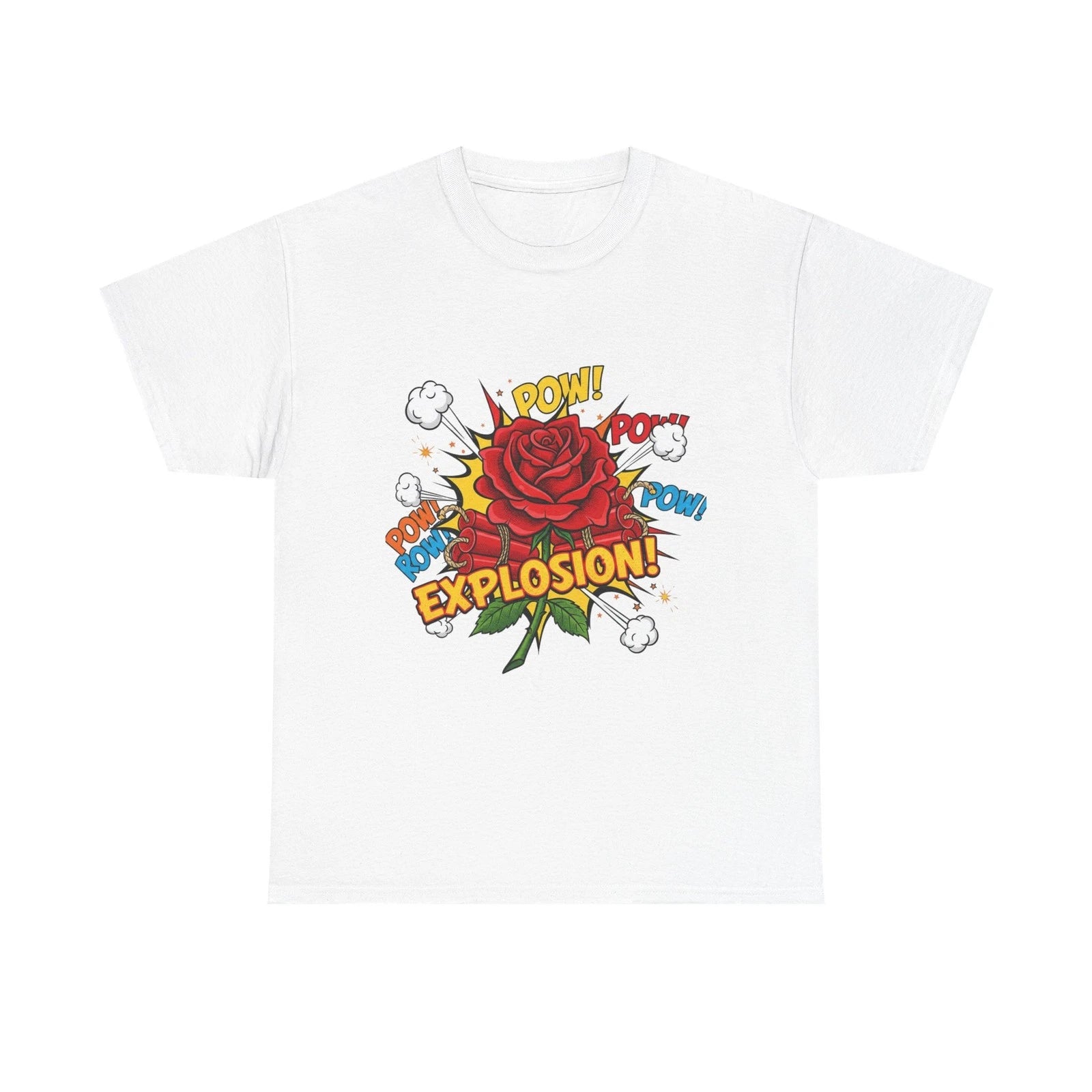 Camiseta Explosión de Rosas. Arte Pop Cómic, ¡Pow! ¡Boom! Camiseta Gráfica
