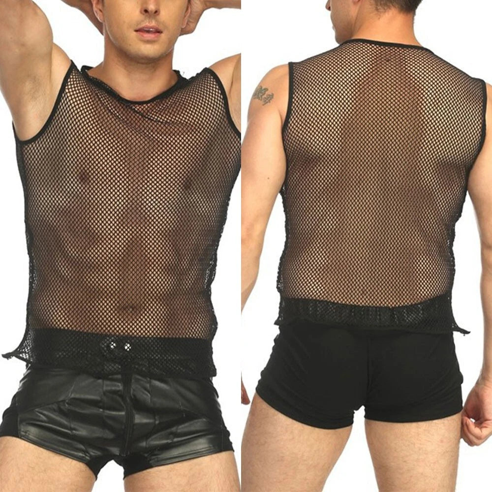 Stylish See Through Slim Fit Mesh Fishnet Tank Top Sport Shirt for Men Black