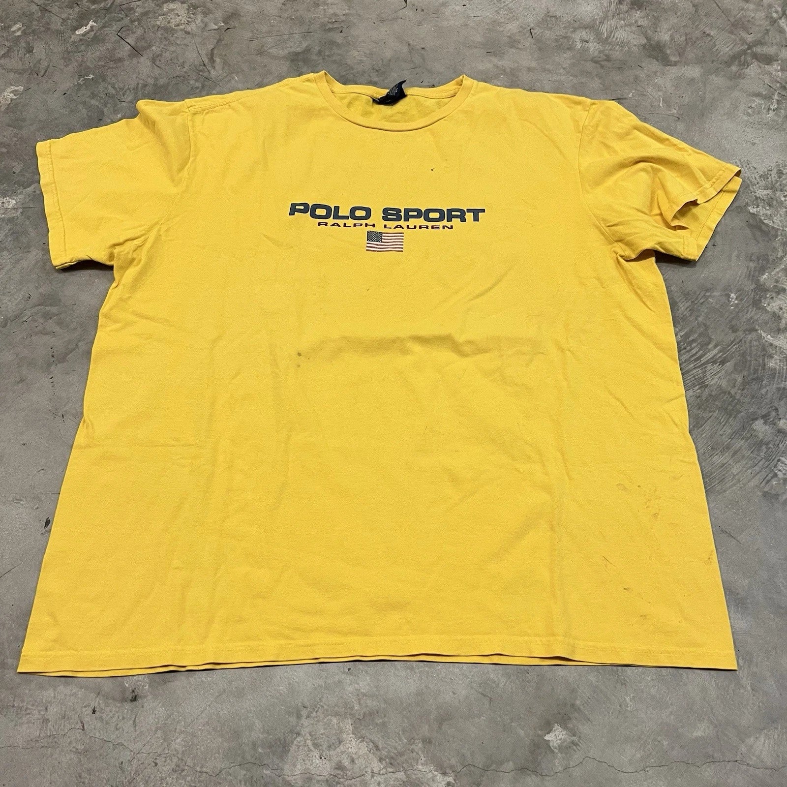 Vintage Polo Sport Ralph Lauren Shirt Yellow Y2K Spell Out USA Flag Fit Size XL