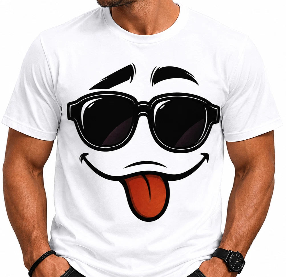 Funny Emoji Face T-Shirt Mens White Graphic Tee Sunglasses Tongue Out
