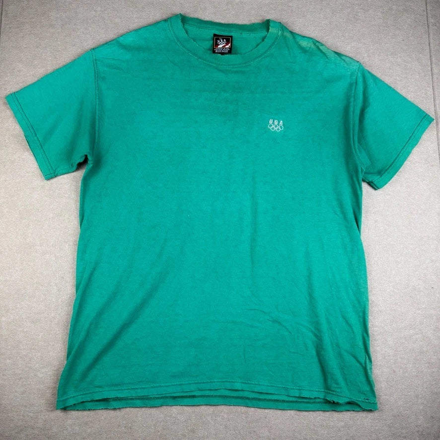 Vintage USA Olympics Shirt Mens L Green Embroidered Athletic Tee Distressed