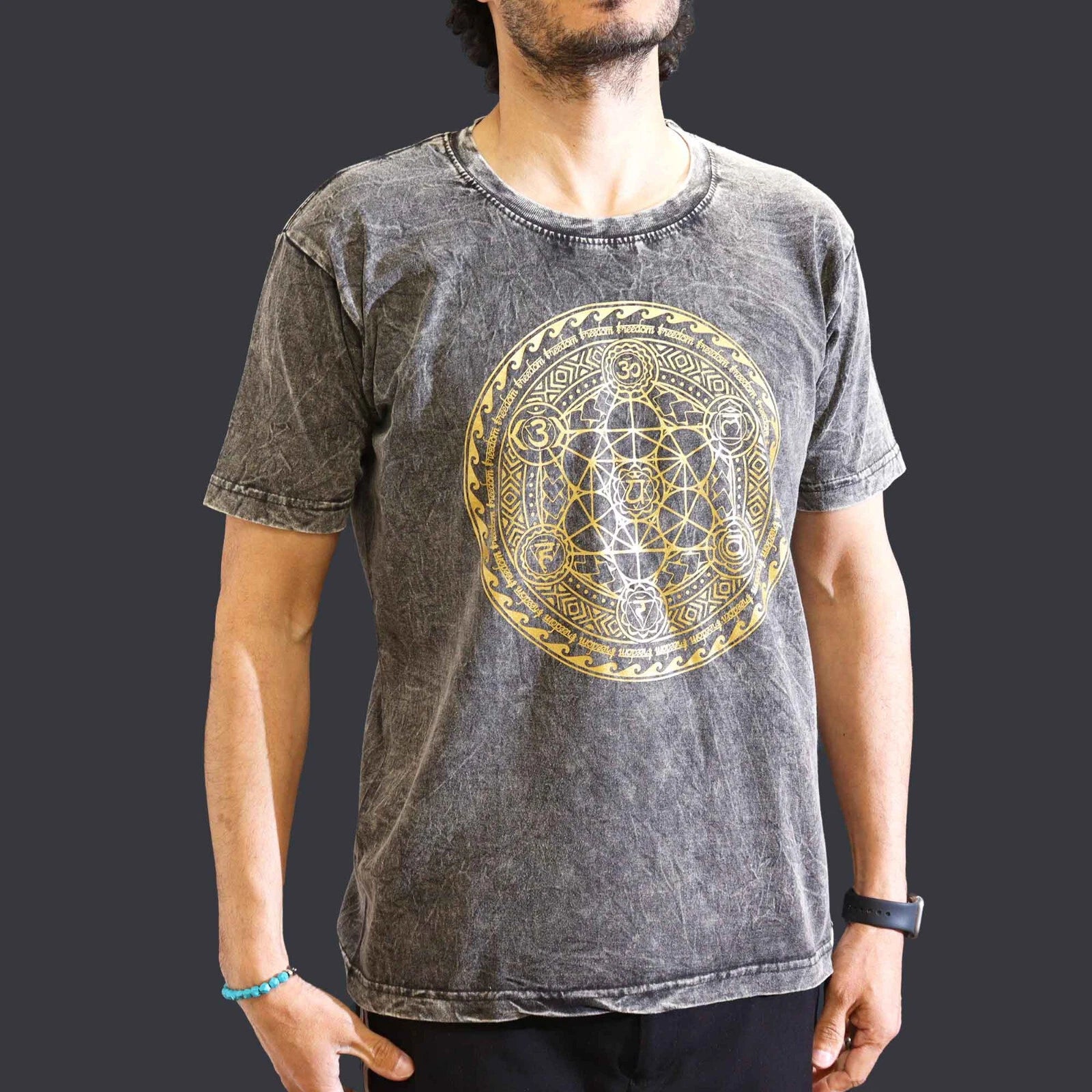 Stone Washed Cotton T-Shirt - Chakra  - Dark Grey - S/M/L/XL - Brand New