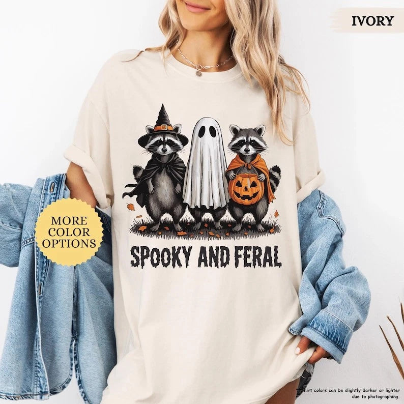Spooky and Feral Raccoon Halloween Tee: Funny Witch Animal Tee, Cute Creepy for
