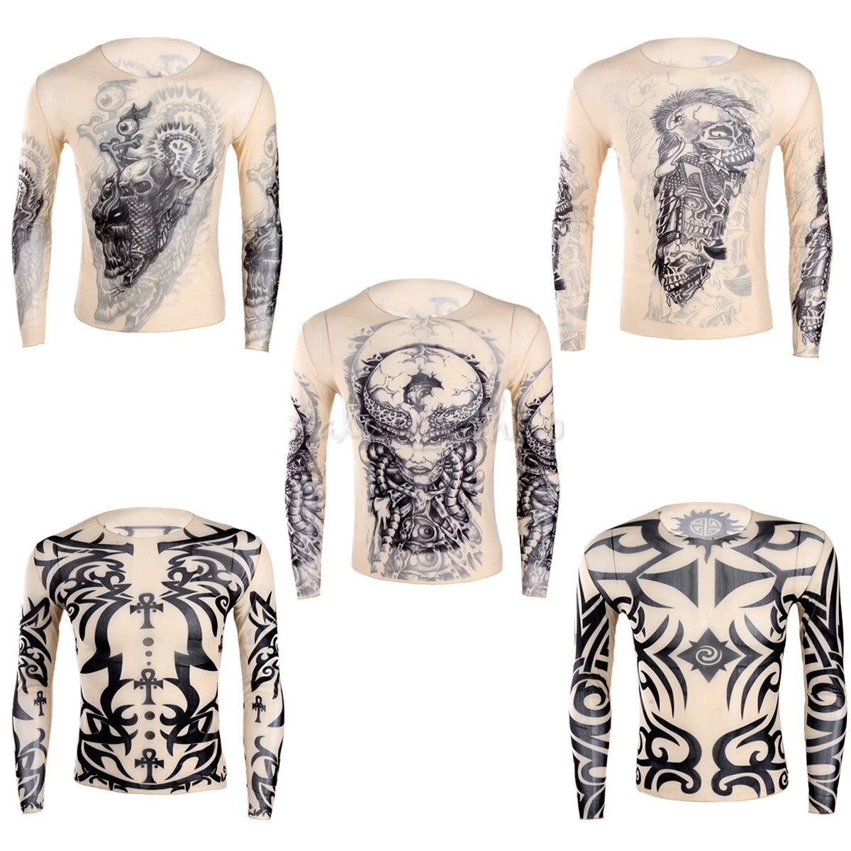 Mens Tattoo Design T Shirt  Long Sleeve Top Tee Mesh Plain shirt Casual Fashion