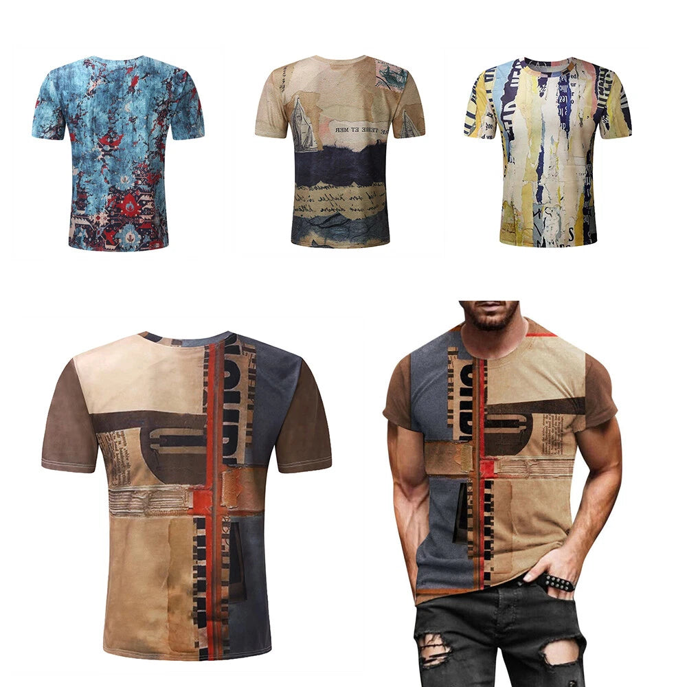 Mens T-Shirt Vintage Short Sleeve Blouse Summer Casual Fitness Tops Tee US