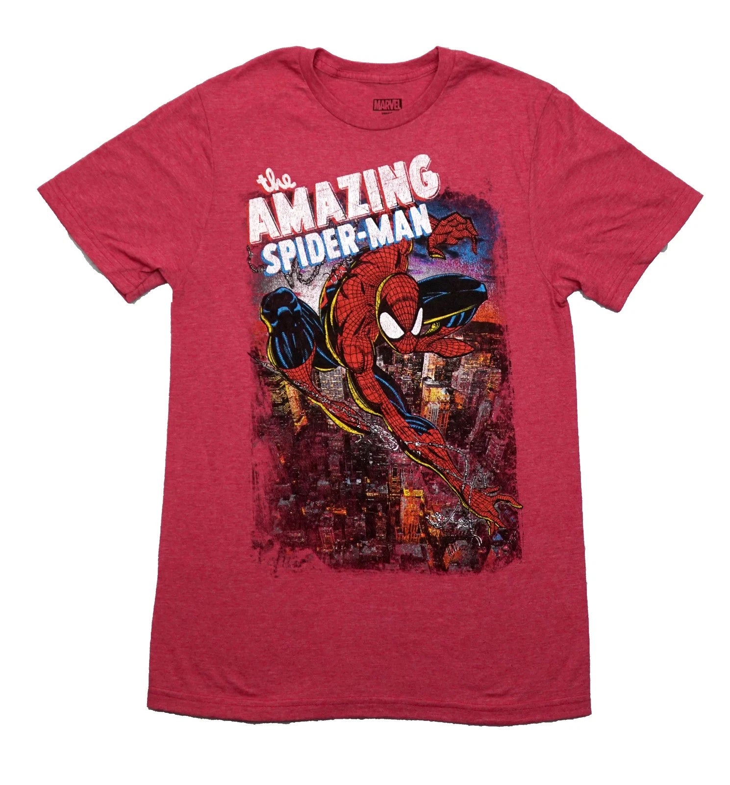 Spider-Man New Adult T-Shirt -Amazing Flying Distressed City Below