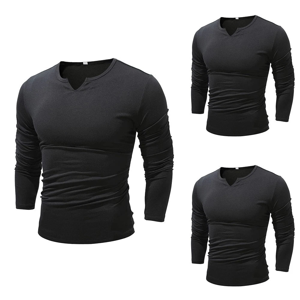 Mens V Neck T Shirts Basic Tee Long Sleeve Muscle Slim Fit Sport Gym Casual Tops