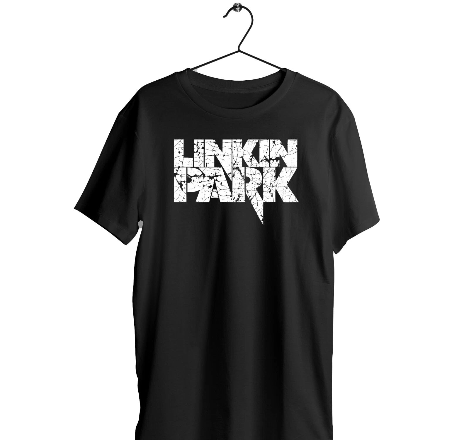 Linkin P white logo image on a Black T-Shirt made of a breathable polyester