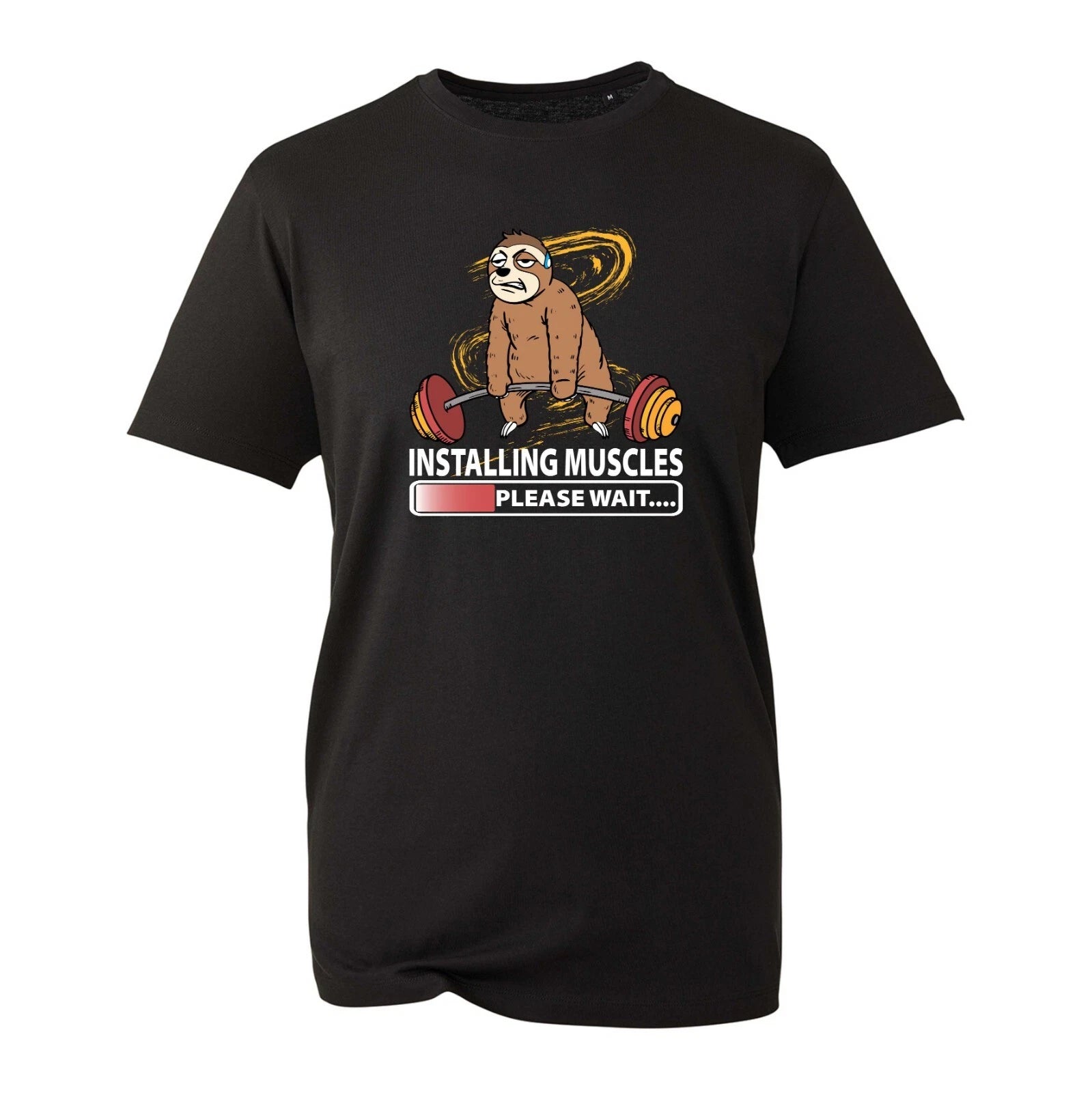 Installing Muscles Please Wait T-Shirt, Lazy Sloth Slogan Gym Workout Unisex Top