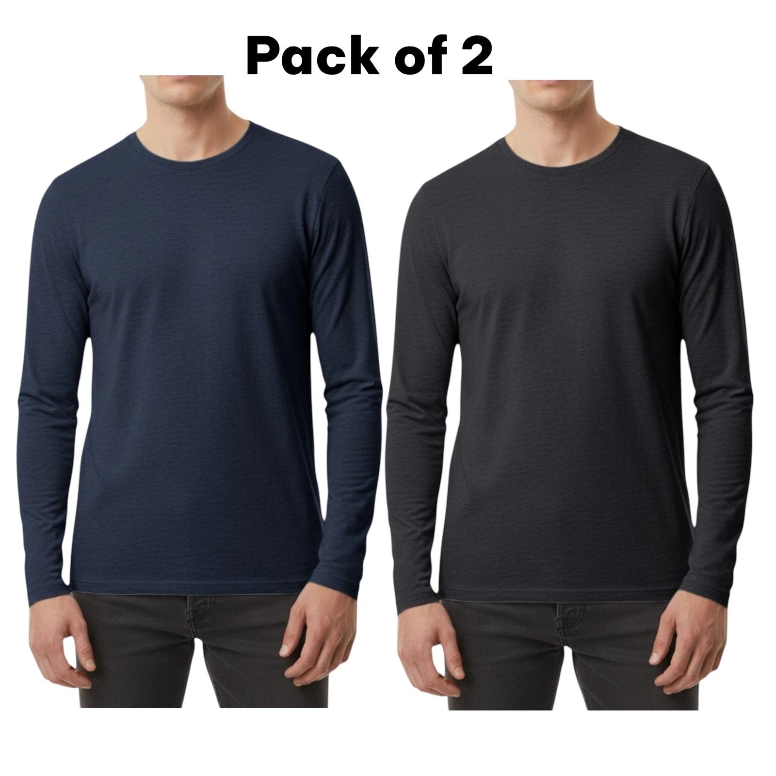 Mens T Shirts Long Sleeve 2 Pack Basic Crew Neck Gym Stretch Cotton Tee New