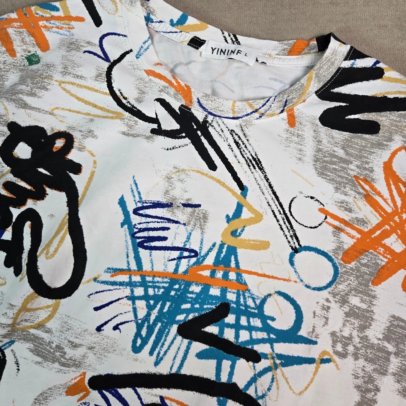 YININF Mens Abstract Graffiti Scribble Print T-Shirt White Large Short Sleeve