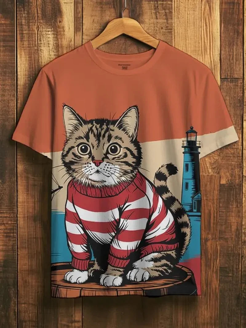 2025 Men’s 3D Cat Art T-Shirt, Casual Summer Tee, Short Sleeve, Vacation