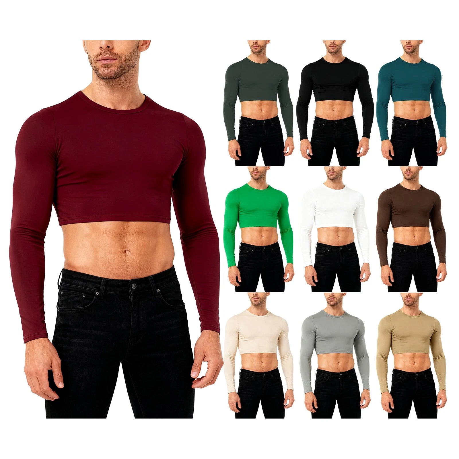 Mens Slim Fit Long Sleeve Crop Top Crew Neck Basic T-Shirt Club Dance Fitness