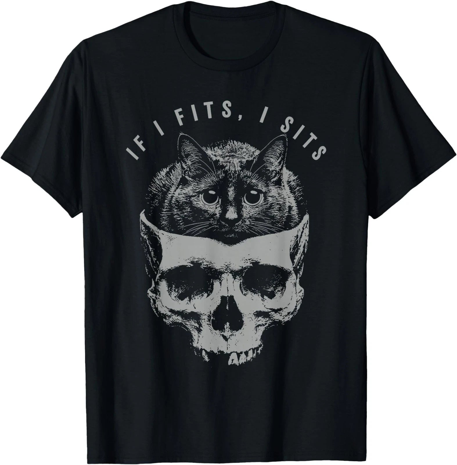 If It Fits I Sit Black Cat Skull Minimalist Meme Humor T-Shirt