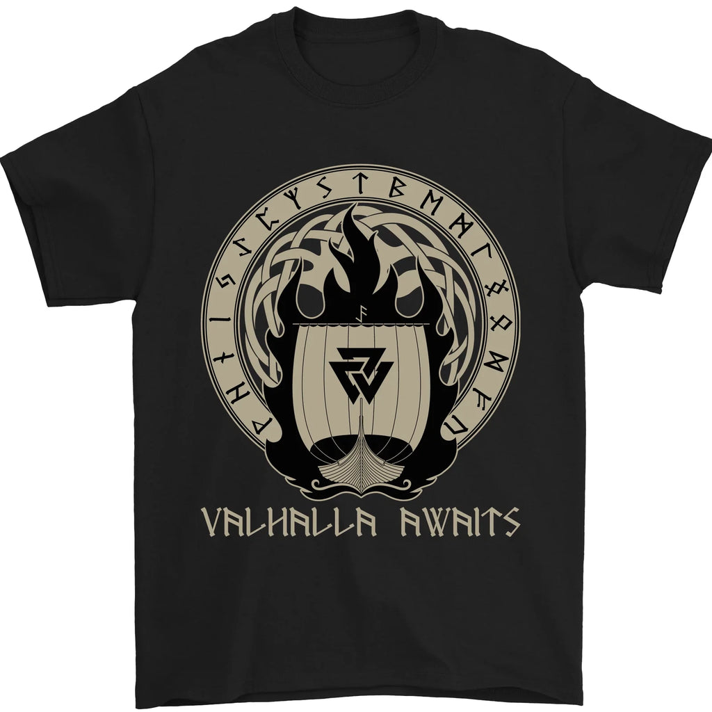 Vikings Valhalla Awaits Valknut Symbol Odin Mens T-Shirt 100% Cotton