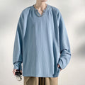 Men Striped Drop Shoulder Long Sleeve T Shirt V Neck Tops Tee Blouse Loose