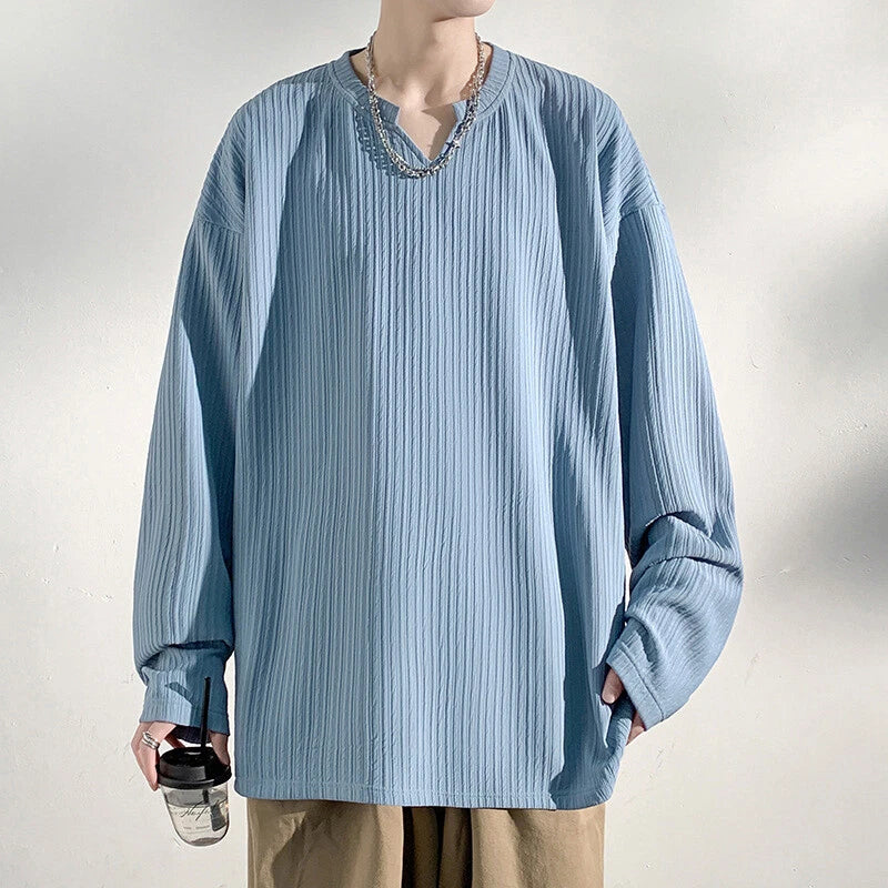 Men Striped Drop Shoulder Long Sleeve T Shirt V Neck Tops Tee Blouse Loose