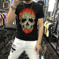 New Men Luxury Rhinestones Gothic Fashion Skull Black White T-Shirt High Quality