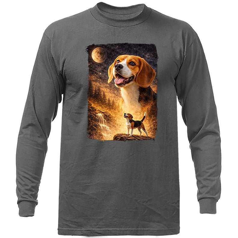Beagle Howling at Moon Night Forest Dog Waterfall Long Sleeve shirt