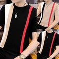 Men Slim Fit Tee Korean Style Stripe Pattern Round Neck Short Sleeve Slim Fit