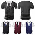 Men T-Shirt Casual Short Sleeve Fake 3D Tuxedo Print Suit Vest Tie Printed Shirt