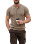 Men's Short Sleeve Henley Knit Polo Shirt Slim Fit Ribbed Vertical Stripe