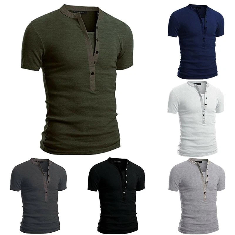 Short Sleeve T-Shirt Men'stops Muscle Tee Button Blousesolid Casual V Neck *