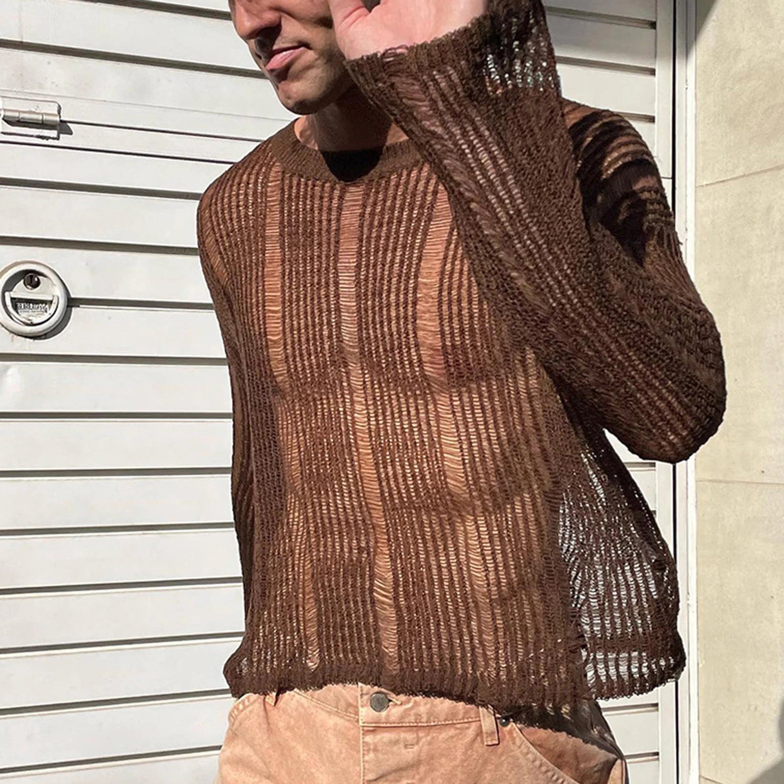 Men Long Sleeve T Shirt Pure Color Stylish Charming Weaving Mesh Hollow Fash IDM