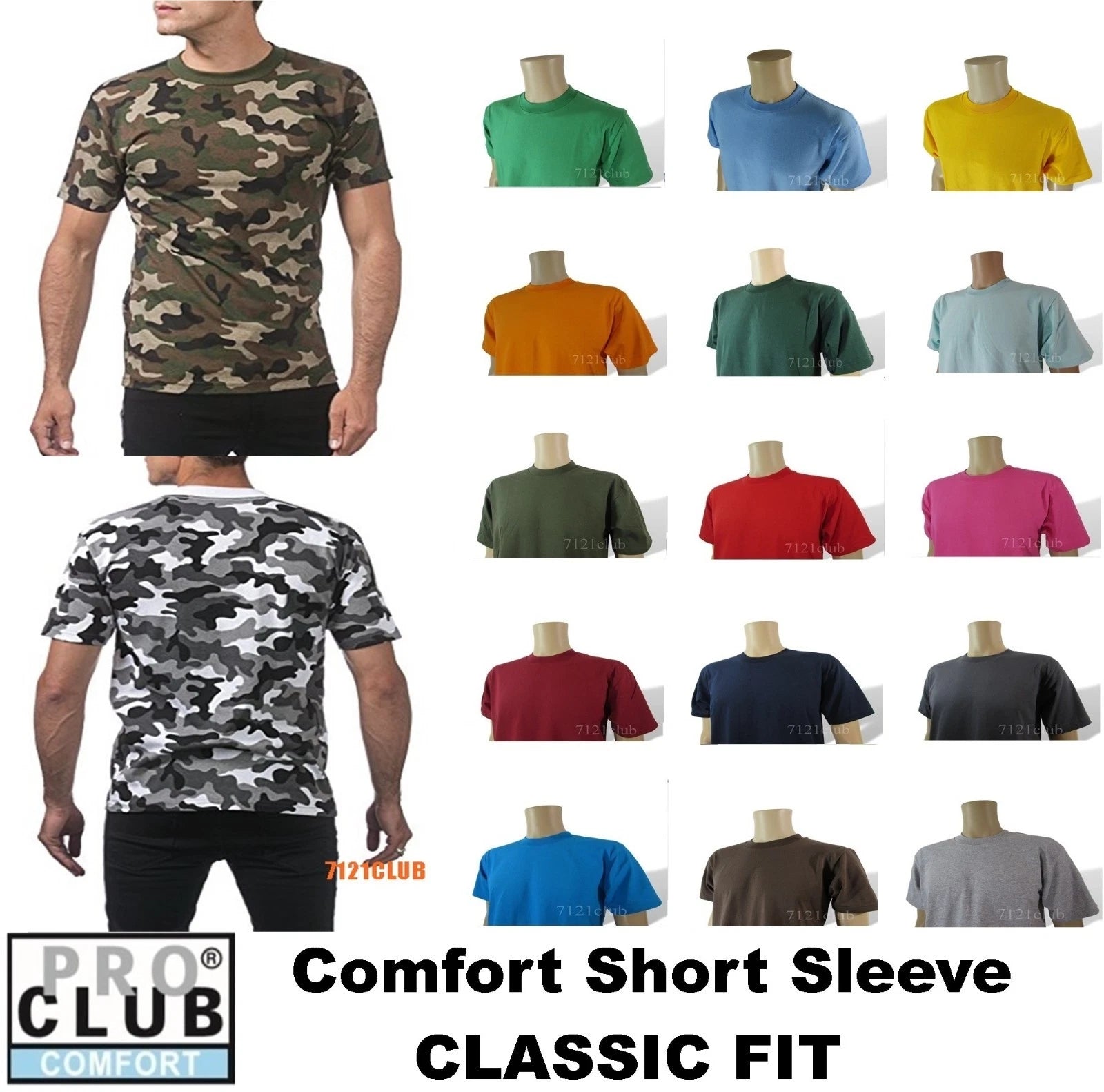 PRO CLUB COMFORT T SHIRT PROCLUB MENS PLAIN CREWNECK SHORT SLEEVE CAMO TEE S-7XL
