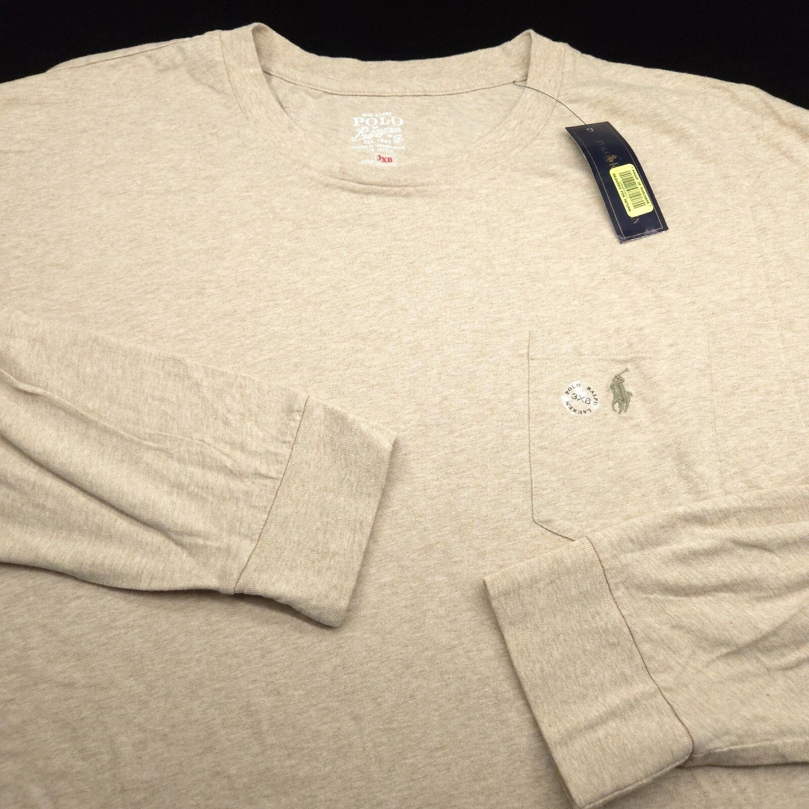 POLO RALPH LAUREN CREW T-SHIRT 3XB BIG TAN HEATHER LONG SLEEVE POCKET GREEN PONY