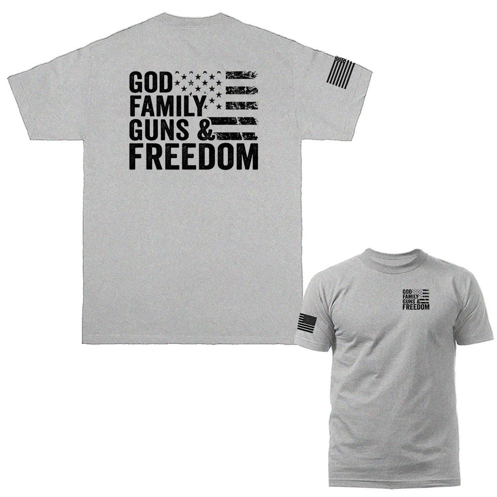 God Family Guns Freedom 2nd Amendment Gun Military Patriotic US Flag T-shirt