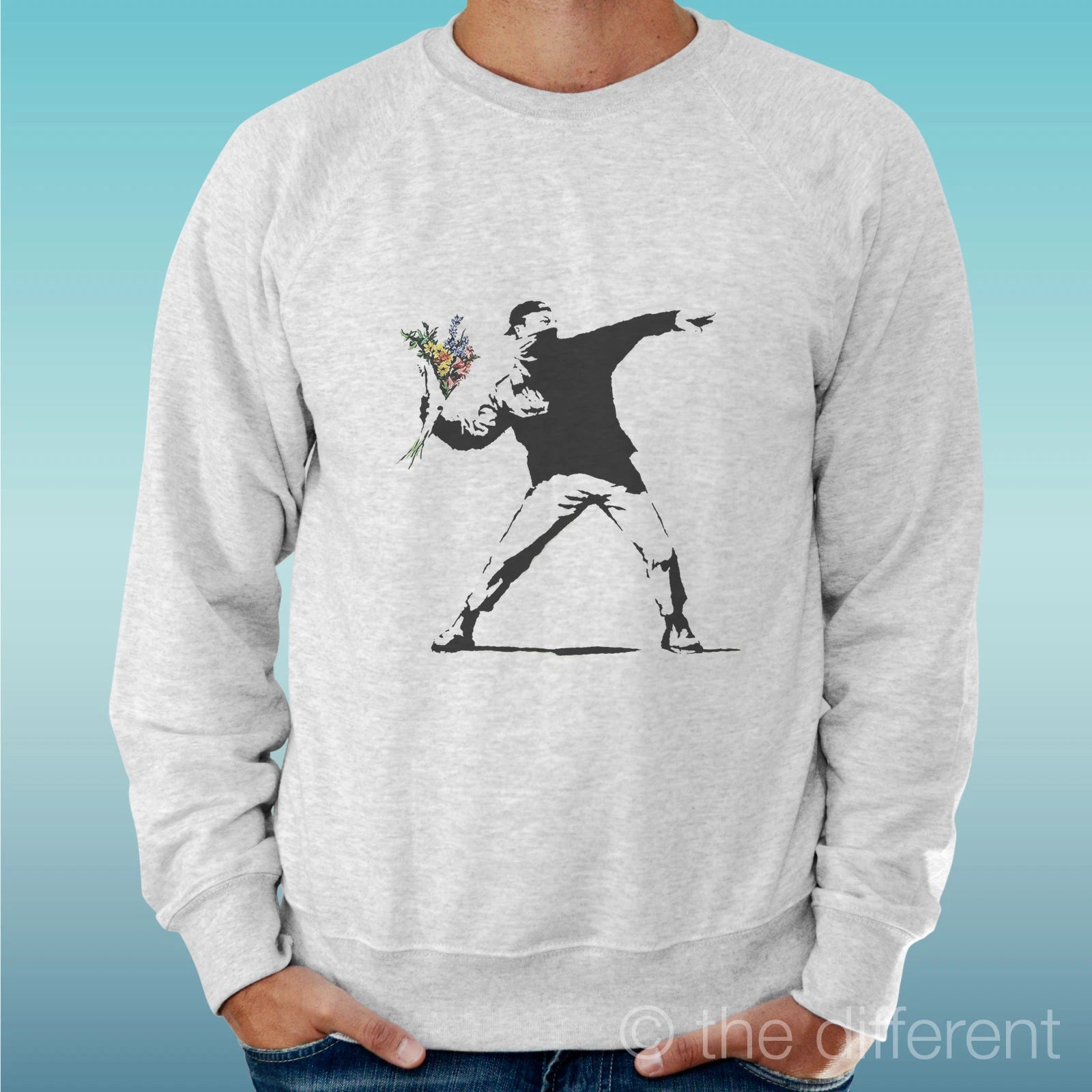 Felpa Man Light Sweater Light Grey " Banksy Murales Flowers Art. "