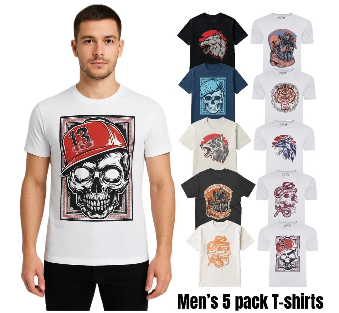 Men's 5 Pack Printed T-Shirt 100% Cotton Heavy Blend Tees Stretchy Tops XS - 2XL