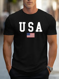 Stylish USA Mens Crew Neck T-Shirt Patriotic Print Short Sleeve Breathable Black