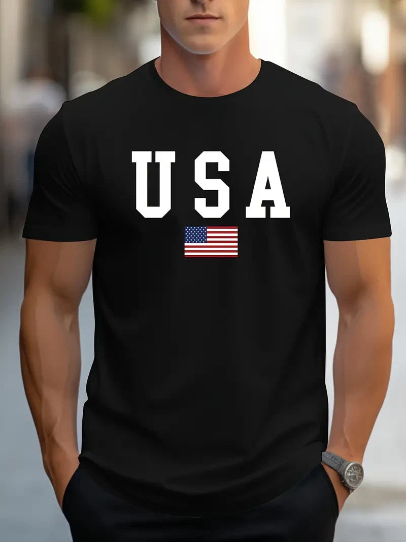 Stylish USA Mens Crew Neck T-Shirt Patriotic Print Short Sleeve Breathable Black