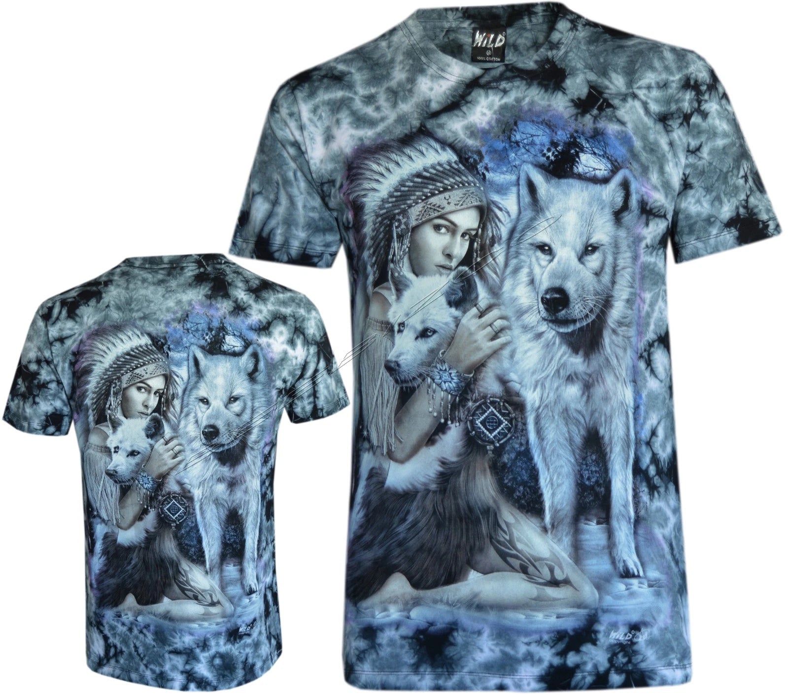Tie Dye T-Shirt Native American Indian Woman Comforts Wolves Glow inDark by Wild